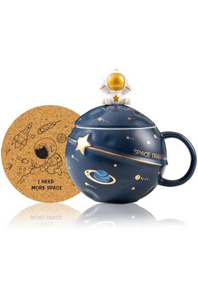 Yalucky Kawaii Astronaut Cup Space Embossed Planet Mug, Cute Ceramic Coffee Mug, Novelty Mug with Lid and Sp