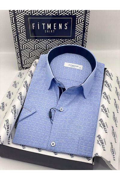Fitmens Classic Short Sleeve Houndstooth Check Gift Boxed Men's Shirt Fs-004154 - Blue