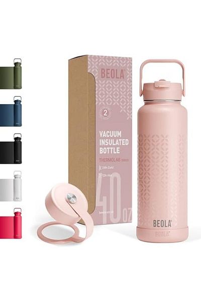 BEOLA 1200ml Water Bottle, 18/8 Stainless Steel Double Wall Insulated Thermos Bottle with 2 lids, Ho