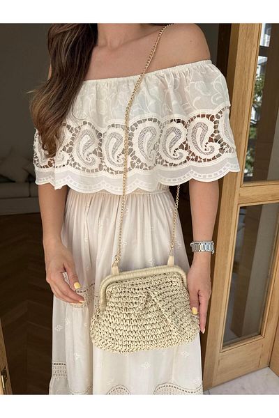 Tina İstanbul Straw Clutch Bag Beige