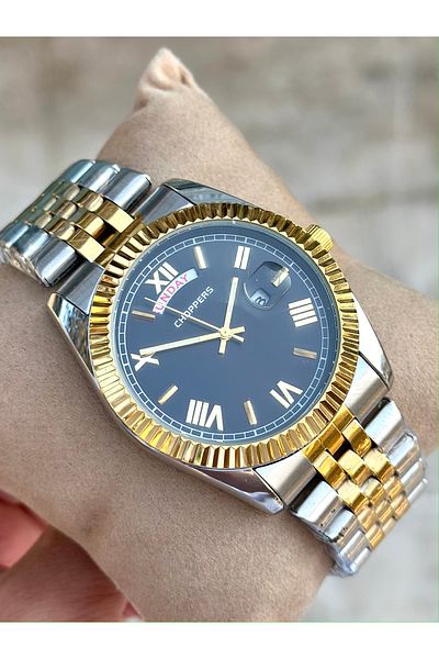 pierrose Steel Silver Gold Double Color Men's Wrist Watch with Calendar