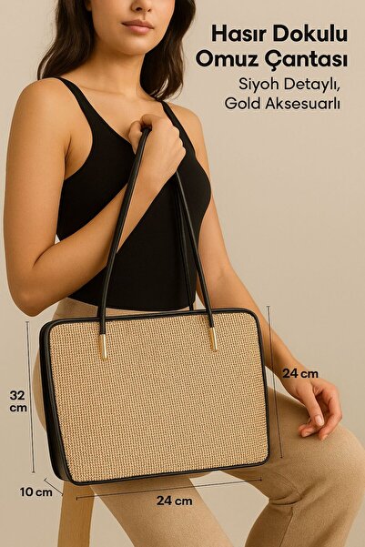 Timeless Hasır Dokulu Omuz Çantası – Siyah Detaylı, Gold Aksesuarlı