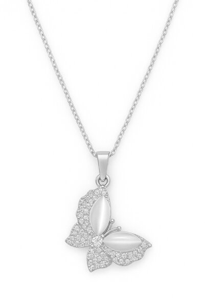 MakeWell قلادة من الفولاذ المقاوم للصدأ بحجر الزركون بتصميم الفراشة باللونين ...