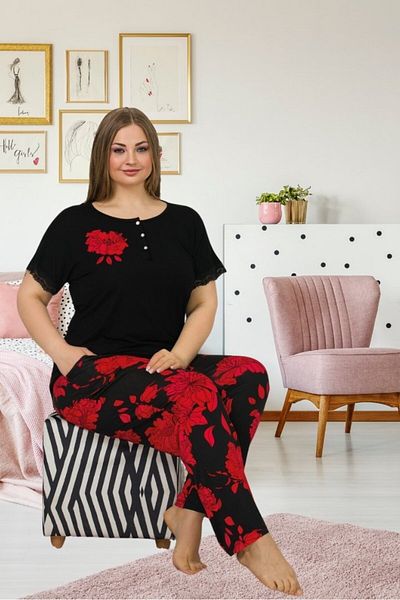 Truva XXL Plus Size Black Floral Patterned Lycra Viscose Combed Cotton Pajama Set