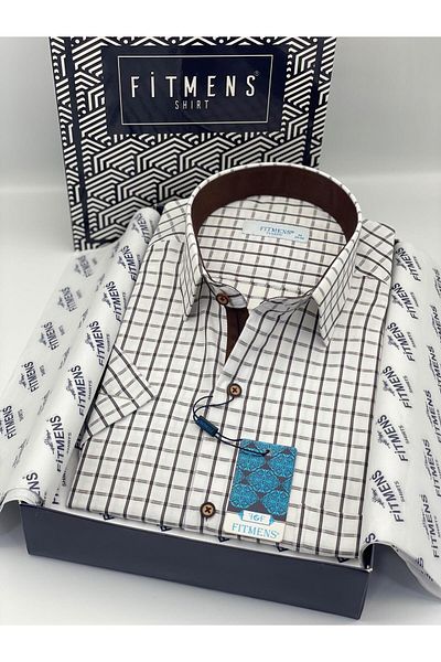Fitmens Classic Short Sleeve Checkered Gift Boxed Men's Shirt Fs-004155 - White Coffee