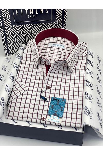 Fitmens Classic Short Sleeve Checkered Gift Boxed Men's Shirt Fs-004155 - White Burgundy