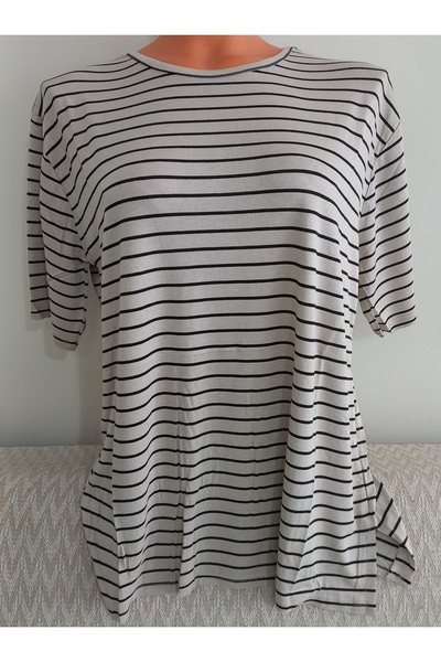 Anne Er Clothing Mother Summer Short-Sleeve Combed Cotton Blouse Crew Neck Striped Beige