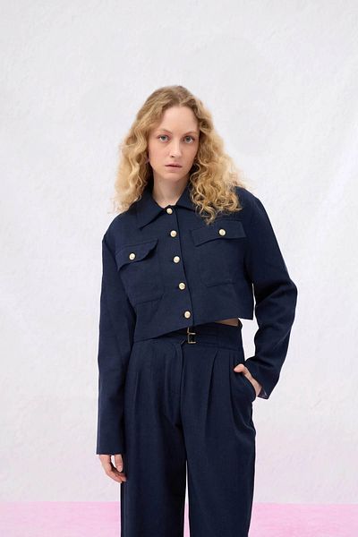 Quzu Buttoned Short Navy Blue Women's Jacket Ckt00241