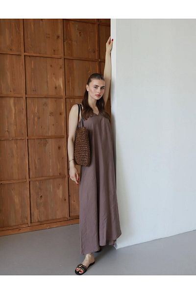 Gameyal Women's Casual Linen Adjustable Strap V Neck Maxi Dress