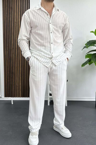 Fifty Color Alaçatı Style Crepe Fabric Striped Shirt and Pants Set
