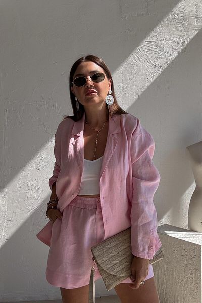 ELVAN TOLON Pink Raw Linen Shorts Shirt Set