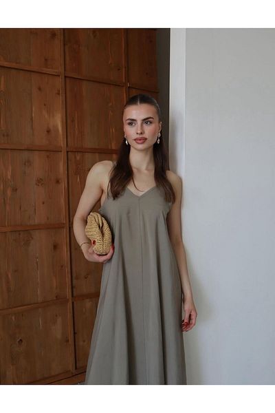 Gameyal Women's Casual Linen Adjustable Strap V Neck Maxi Dress
