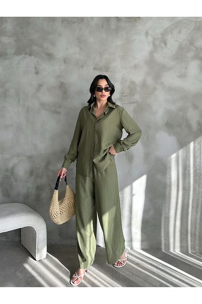 diaves Khaki Strawberry Linen Shirt-Pants Casual Summer Suit