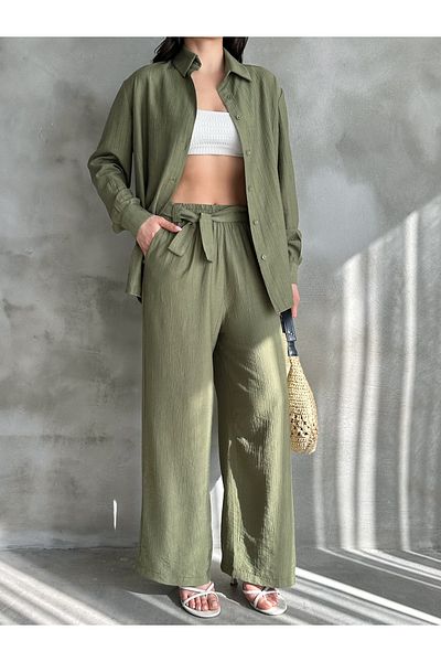 diaves Khaki Strawberry Linen Shirt-Pants Casual Summer Suit