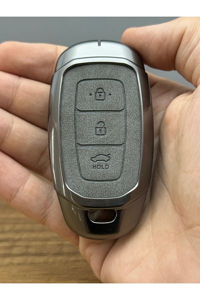 Luxe Aksesuarr Hyundai Kona- Elantra - Venue Smart 3 Button Protection Key Controller Metal Case Leather Gray