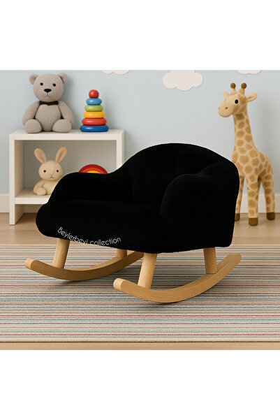 BEYLERBEYİ Çocuk Odası siyah Peluş, Çocuk Sallanan Sandalye Koltuk Ayakları Gürgen Ağacı , Bebek Berjer