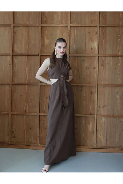 Gameyal Women's Linen Low Waist Maxi Dress with Belt Detail