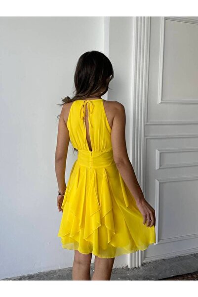 Genel Markalar Kadın Sarı Fırfır Detay Boyundan Bağlamalı Mini Şifon Elbise