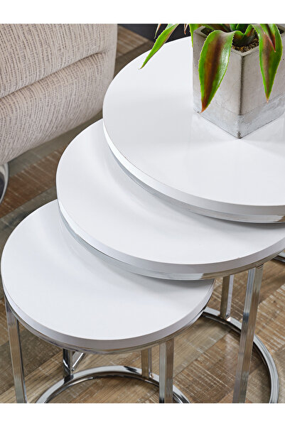 SEDAŞ LIVING UNITS 3 ADET Tam Beyaz Ahşap (SUNTALAM) Gümüş Metal C Ayak Zigon Sehpa Sedaş-zigon-sehpa