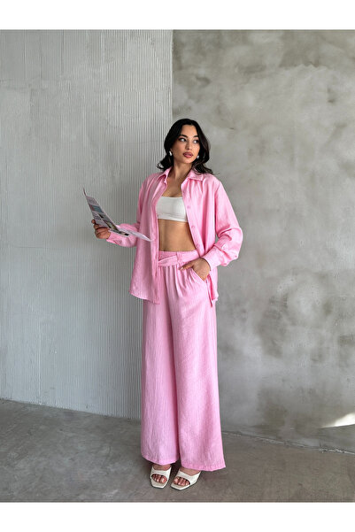 diaves Ροζ φράουλα λινό πουκάμισο-παντελόνι Άνετο καλοκαιρινό κοστούμι