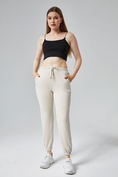 FHELIA Women's Cream Modal Fabric Elastic Leg Single Bottom Jogger Pants