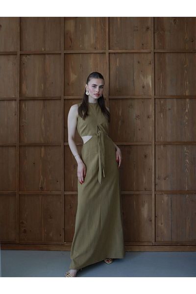 Gameyal Rochie maxi de damă din in, cu talie decoltată, cu detaliu de brâu