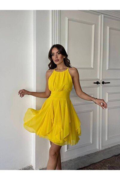 Genel Markalar Kadın Sarı Fırfır Detay Boyundan Bağlamalı Mini Şifon Elbise