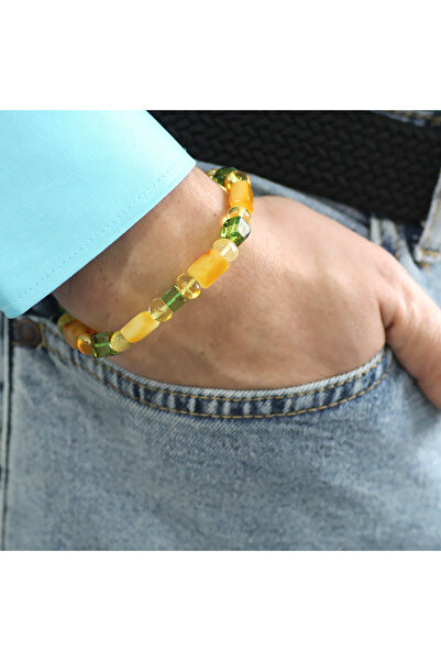 Tesbihane Yellow Green Cylinder Cube Cut Natural Drop Amber Men's Bracelet
