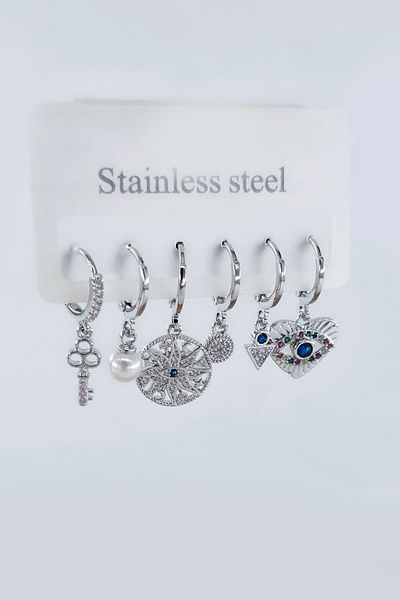 By Zeyna Aksesuar Women's Vip Series Antiallergic Zircon Stone 6-Piece Earrings