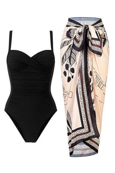 CUPSEA French Inspired Gathering Draped Swimsuit Pareo Set of 2 with Adjustable Straps, Stylish and Slimming Effect
