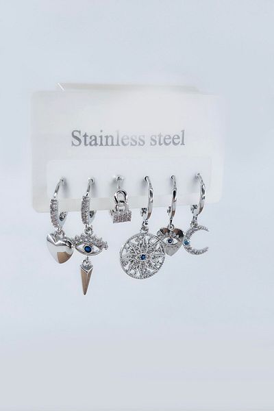 By Zeyna Aksesuar Women's Vip Series Antiallergic Zircon Stone 6-Piece Earrings
