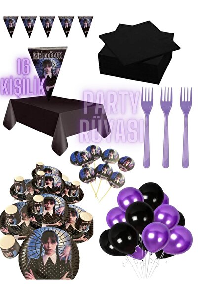 partyrüyası Wednesday Temalı 16 Kişilik Flamalı Doğum Günü Set-4