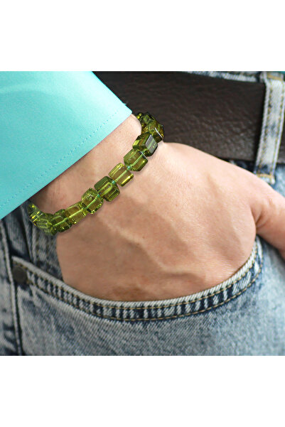 Tesbihane Water Green Cube Cut Natural Drop Amber Men's Bracelet