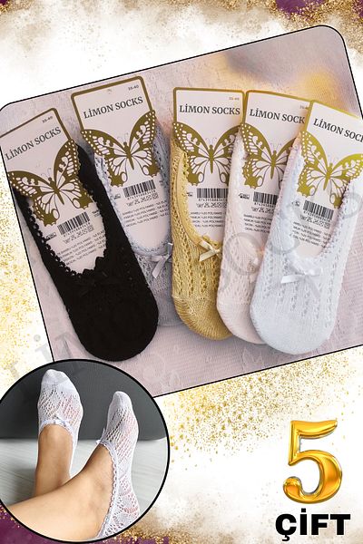 Limon Socks Women's Bow Ballerina Socks (5 Pairs) Lace Model Short Socks Set