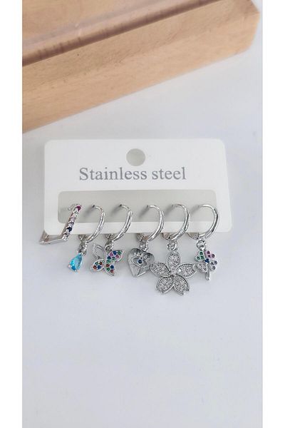 By Zeyna Aksesuar Women's Vip Series Antiallergic Zircon Stone 6-Piece Earrings