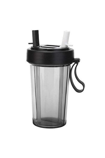 SIKS ® Double Portable Cup, Transparent, 2 Straws, Reusable, Plastic, For Bubble Tea, 420 ML, Black