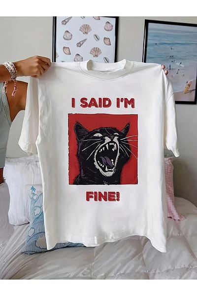 LEIVOR I' m Fine Cat Design Printed Women's T-Shirt
