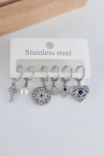 By Zeyna Aksesuar Women's Vip Series Antiallergic Zircon Stone 6-Piece Earrings