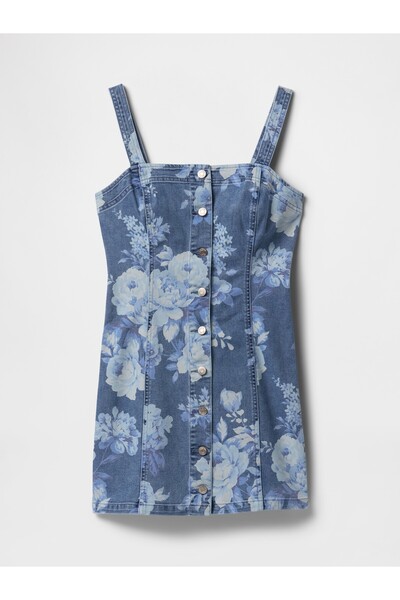 GAP Kadın Mavi Denim Çiçekli Mini Elbise