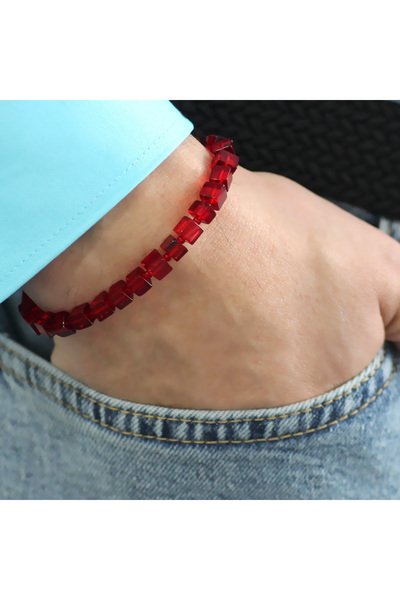 Tesbihane Flag Red Cube Cut Natural Drop Amber Men's Bracelet