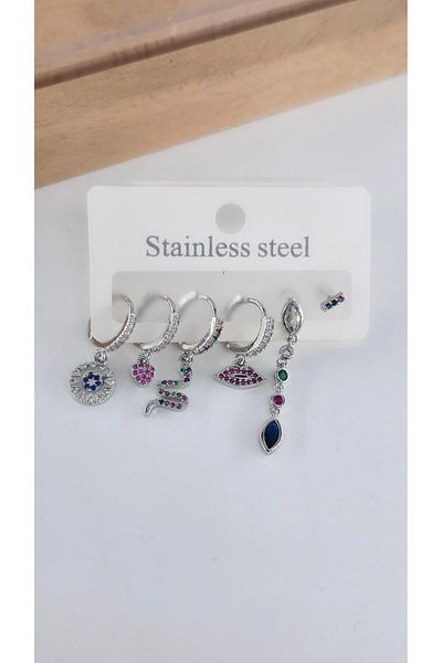 By Zeyna Aksesuar Women's Vip Series Antiallergic Zircon Stone 6-Piece Earrings