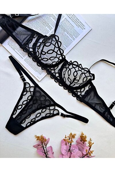 Lotiva Wear Kadın Siyah Desenli Tanga Külotlu Sütyen Takımı