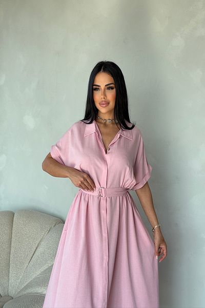 LİLA İSTANBUL Rochie de vară din țesătură de in, cu guler de cămașă, cu curea cu nasturi