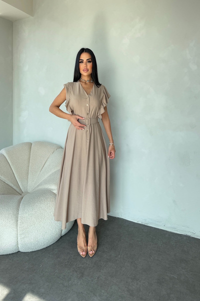 LİLA İSTANBUL Καλοκαιρινό λινό φόρεμα με λαιμόκοψη με κουμπιά μανίκι με λεπτομέρεια ζώνη