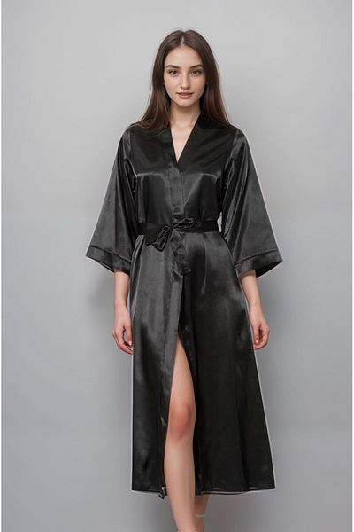 VELİNA GROUP Black Long Satin Sleeves Ending under the Elbows Dressing Gown Kimono