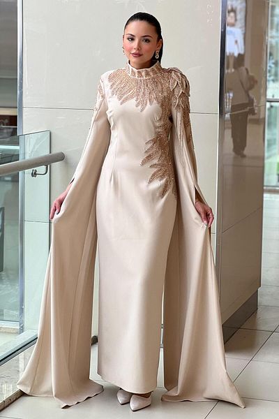 White Corner Handcrafted Stone Design Evening Dress