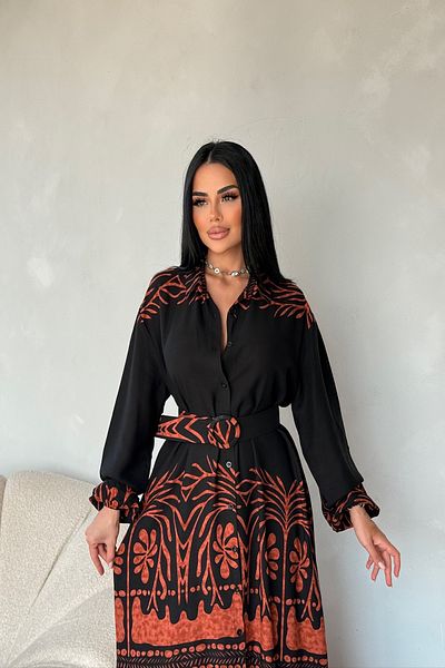 LİLA İSTANBUL Shirt Collar Ethnic Pattern Belted Summer Dress