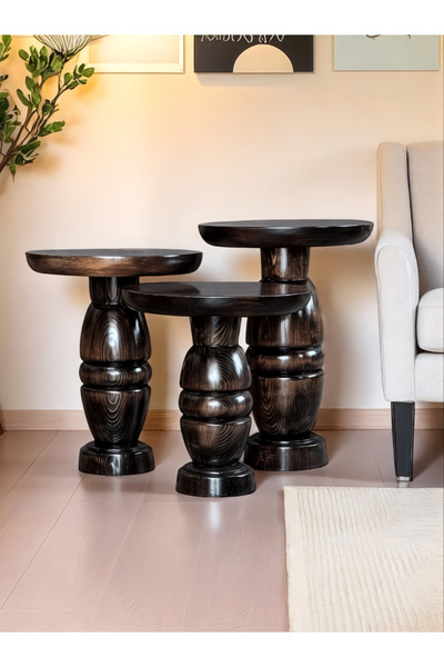 ASELYA HOME Doğal Ahşap 3’lü Set Mantar Yan Sehpa Modern Koyu Ceviz Fiskos Zi...