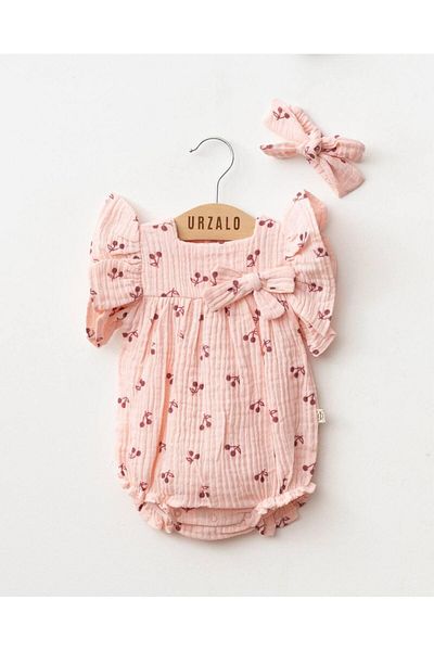 FLOWER BABY Cherry Pattern 100% Cotton Muslin Baby Romber Buckle Jumpsuit