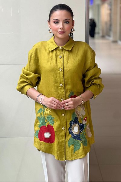 Ghisa Floral Embroidery Embroidered Linen Shirt